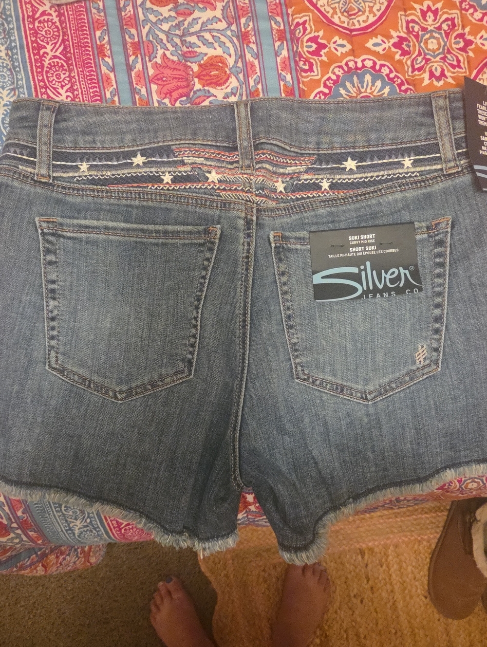 SilverJeans Blue Embroidered Star-Stripe Denim Shorts